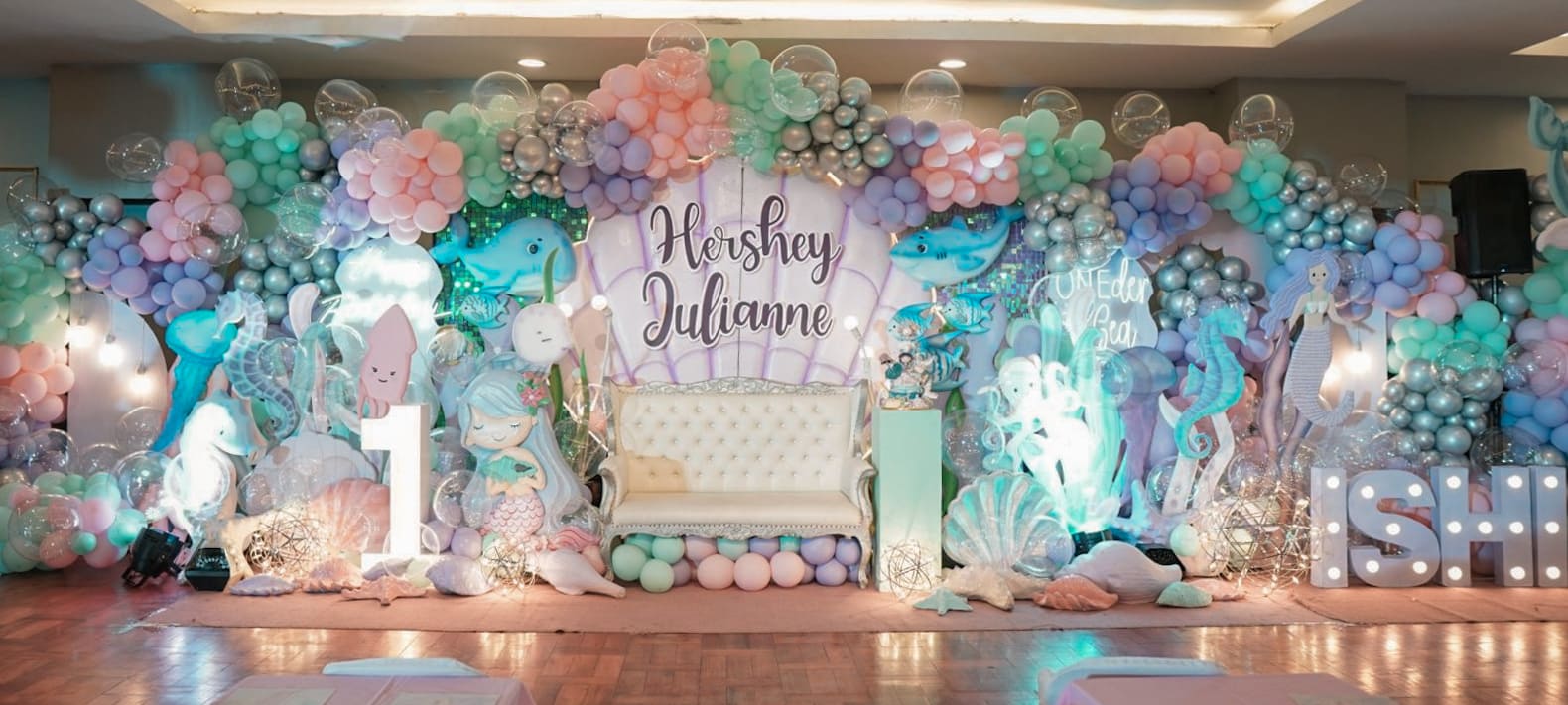 Under the Sea themed party decor featuring ocean-inspired elements, mermaid tails, seashells, and aquatic colors. Professional event stylist in Metro Manila, Philippines, specializing in underwater birthday themes, creative kids' party styling, and magical undersea celebrations. Perfect for mermaid parties, toddler birthdays, and ocean-themed events - Party Curators