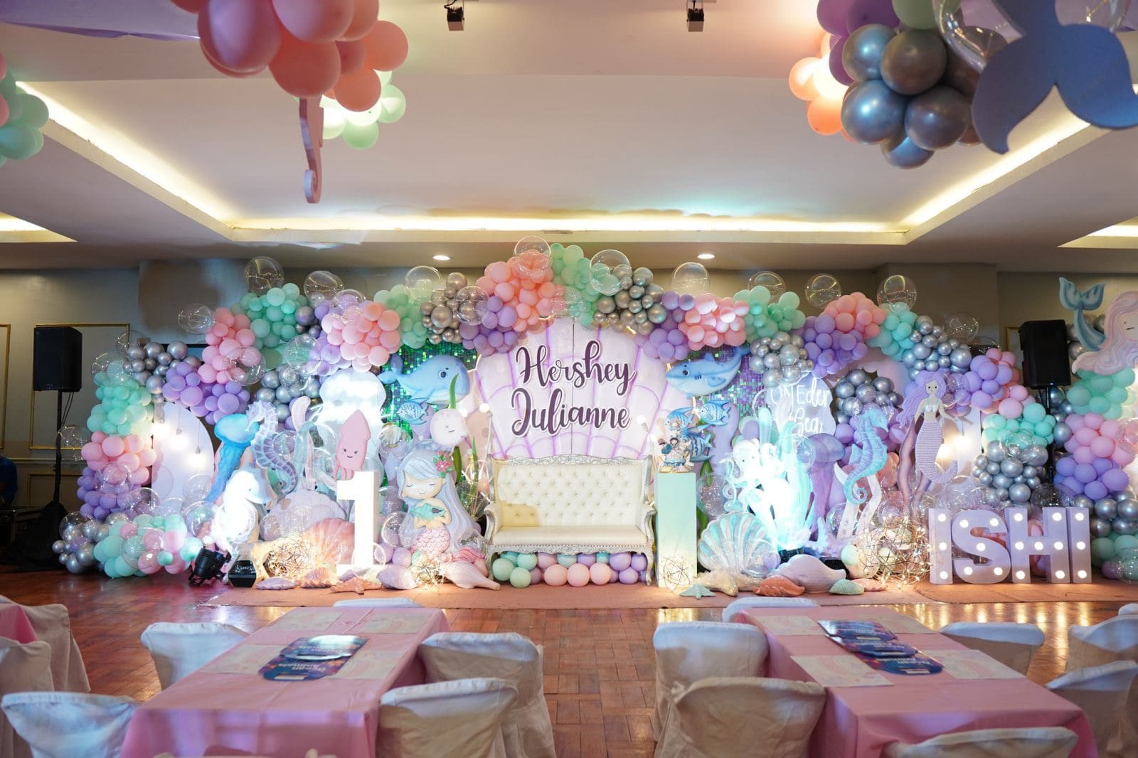 Under the Sea themed party decor featuring ocean-inspired elements, mermaid tails, seashells, and aquatic colors. Professional event stylist in Metro Manila, Philippines, specializing in underwater birthday themes, creative kids' party styling, and magical undersea celebrations. Perfect for mermaid parties, toddler birthdays, and ocean-themed events - Party Curators