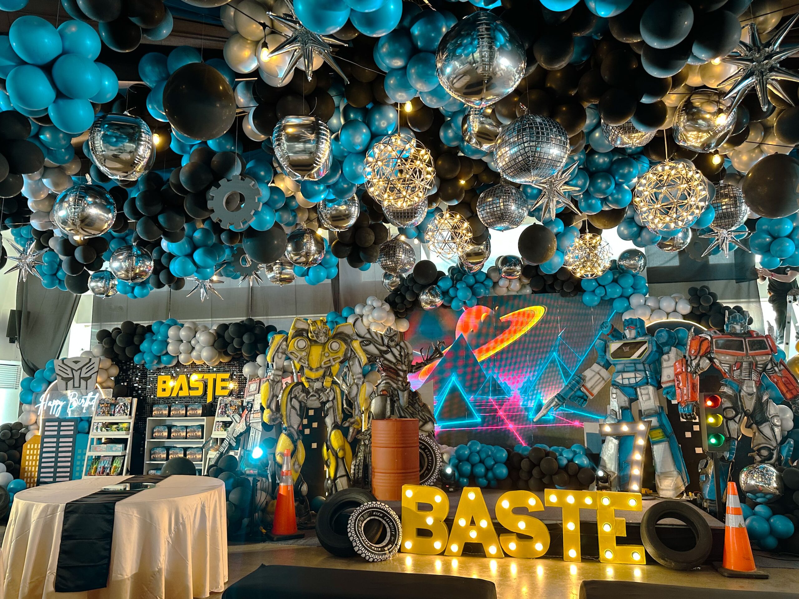 Transformers themed birthday party setup by professional event stylist – custom party decorations, kids party styling, Optimus Prime and Bumblebee theme, best party stylist for boys’ birthday themes, Metro Manila event coordination