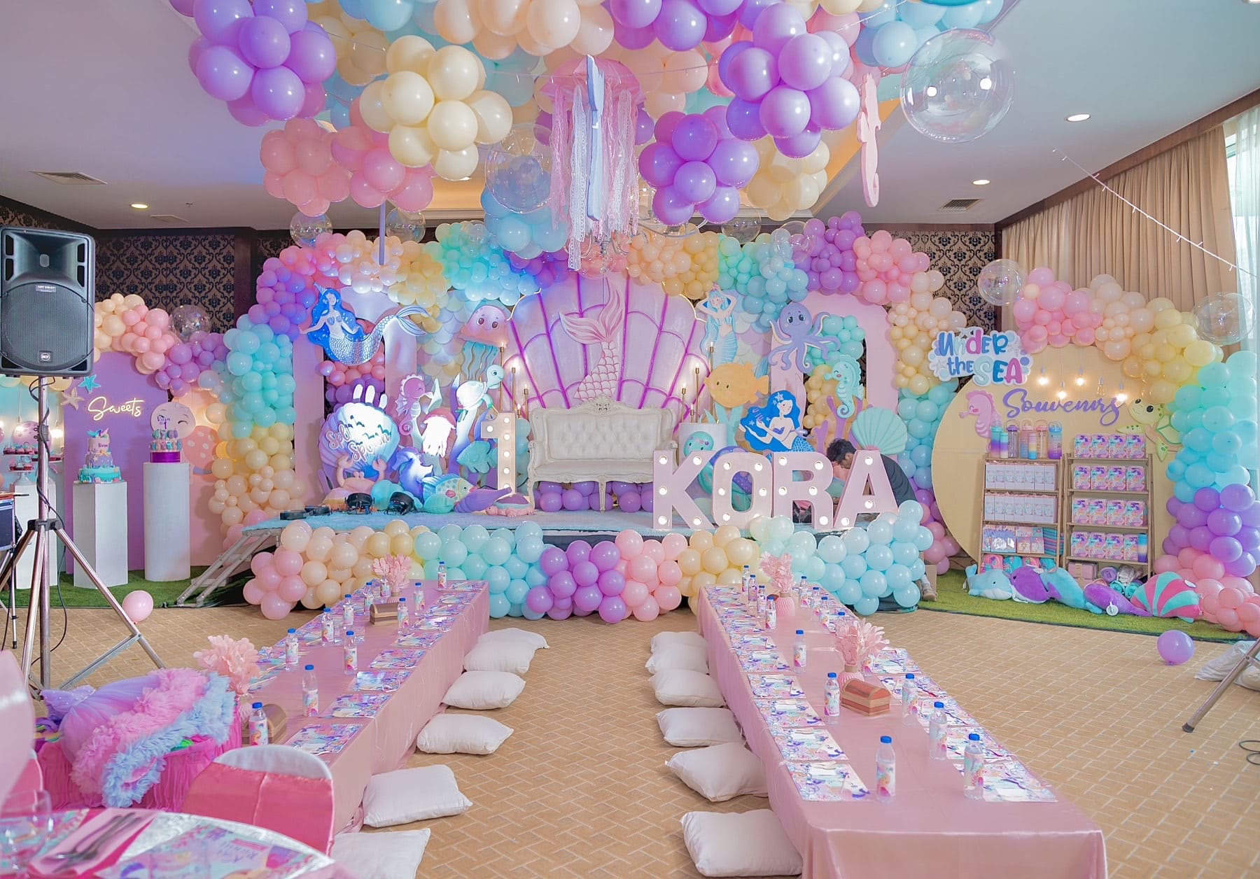 Under the Sea themed party decor featuring ocean-inspired elements, mermaid tails, seashells, and aquatic colors. Professional event stylist in Metro Manila, Philippines, specializing in underwater birthday themes, creative kids' party styling, and magical undersea celebrations. Perfect for mermaid parties, toddler birthdays, and ocean-themed events - Party Curators