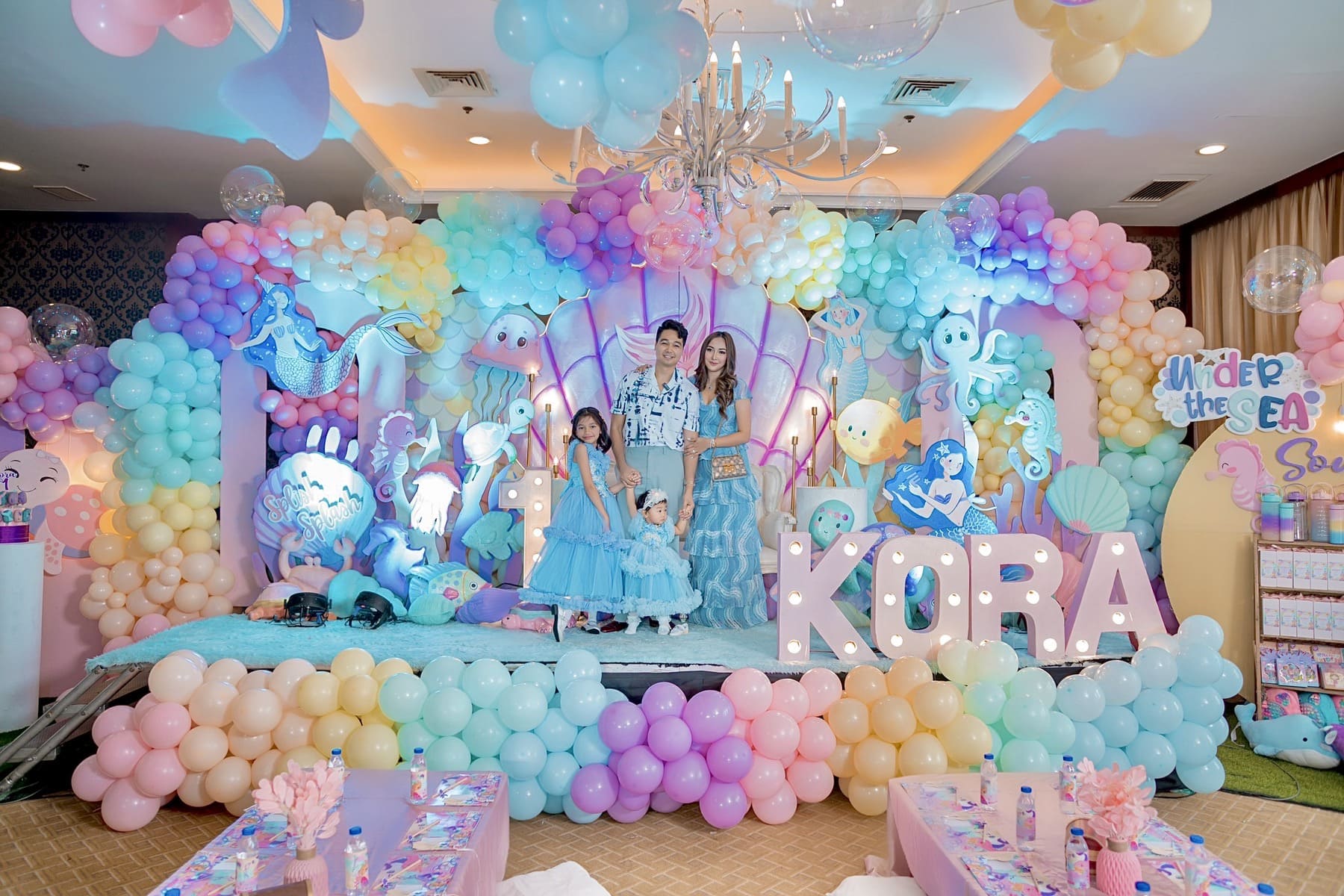 Under the Sea themed party decor featuring ocean-inspired elements, mermaid tails, seashells, and aquatic colors. Professional event stylist in Metro Manila, Philippines, specializing in underwater birthday themes, creative kids' party styling, and magical undersea celebrations. Perfect for mermaid parties, toddler birthdays, and ocean-themed events - Party Curators