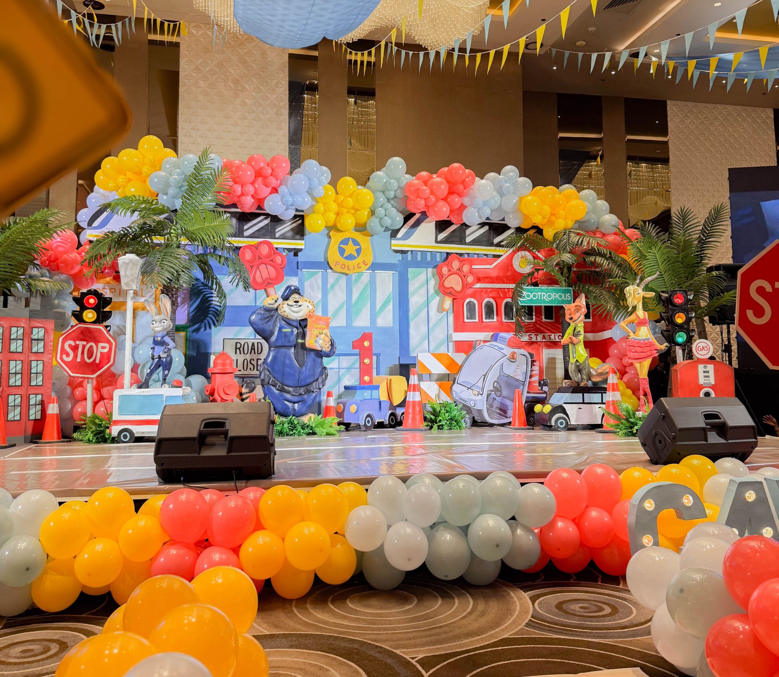 Zootopia themed birthday party by professional event stylist – colorful city-inspired party setup, urban jungle party decorations, kids party theme with animals and police station elements, creative event styling and coordination in Metro Manila