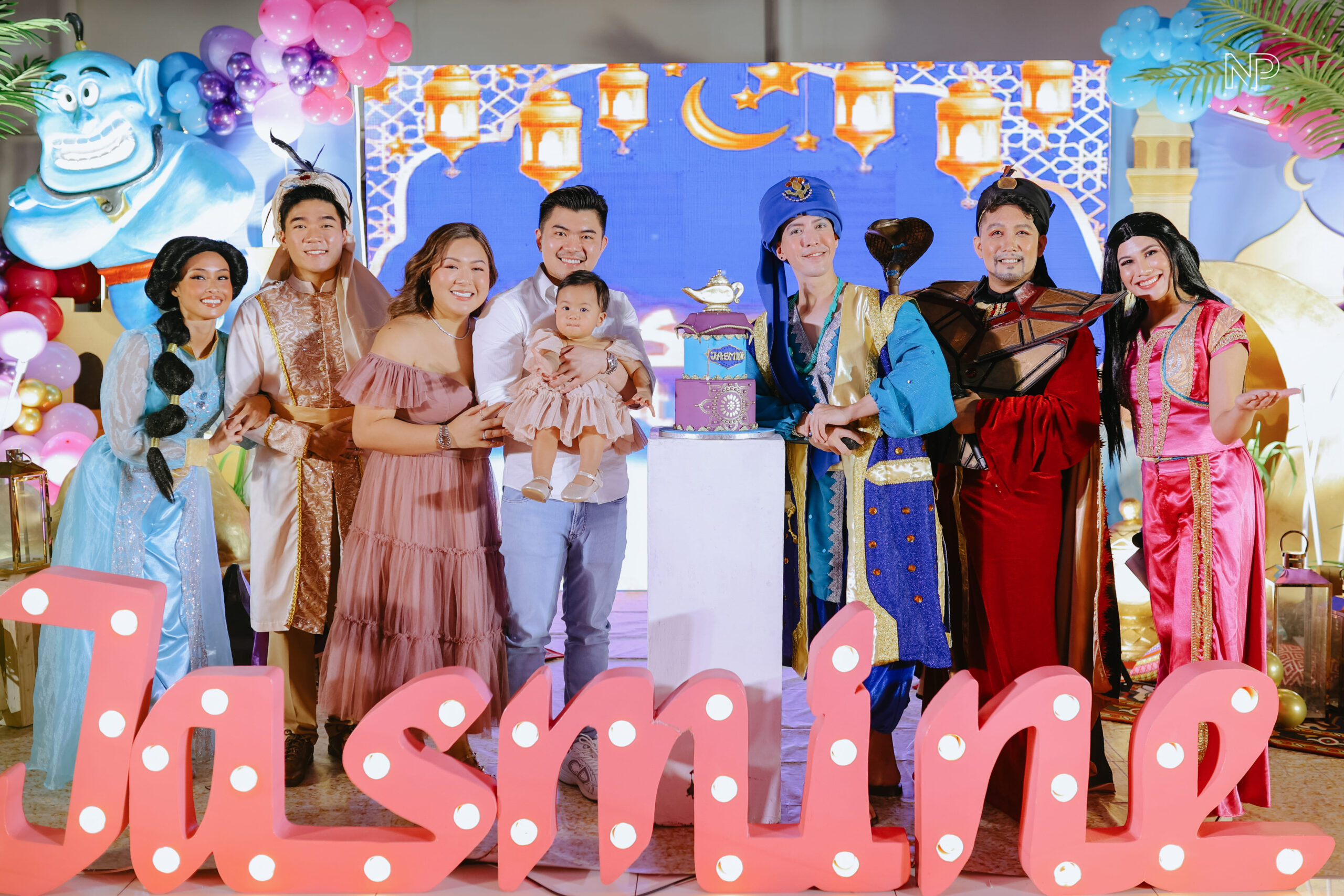 Aladdin themed event decor with magical Arabian Nights ambiance, vibrant colors, and intricate details. Event styling featuring Genie-inspired elements, lanterns, and Middle Eastern-inspired designs. Perfect for birthday parties, themed events, and fairytale celebrations