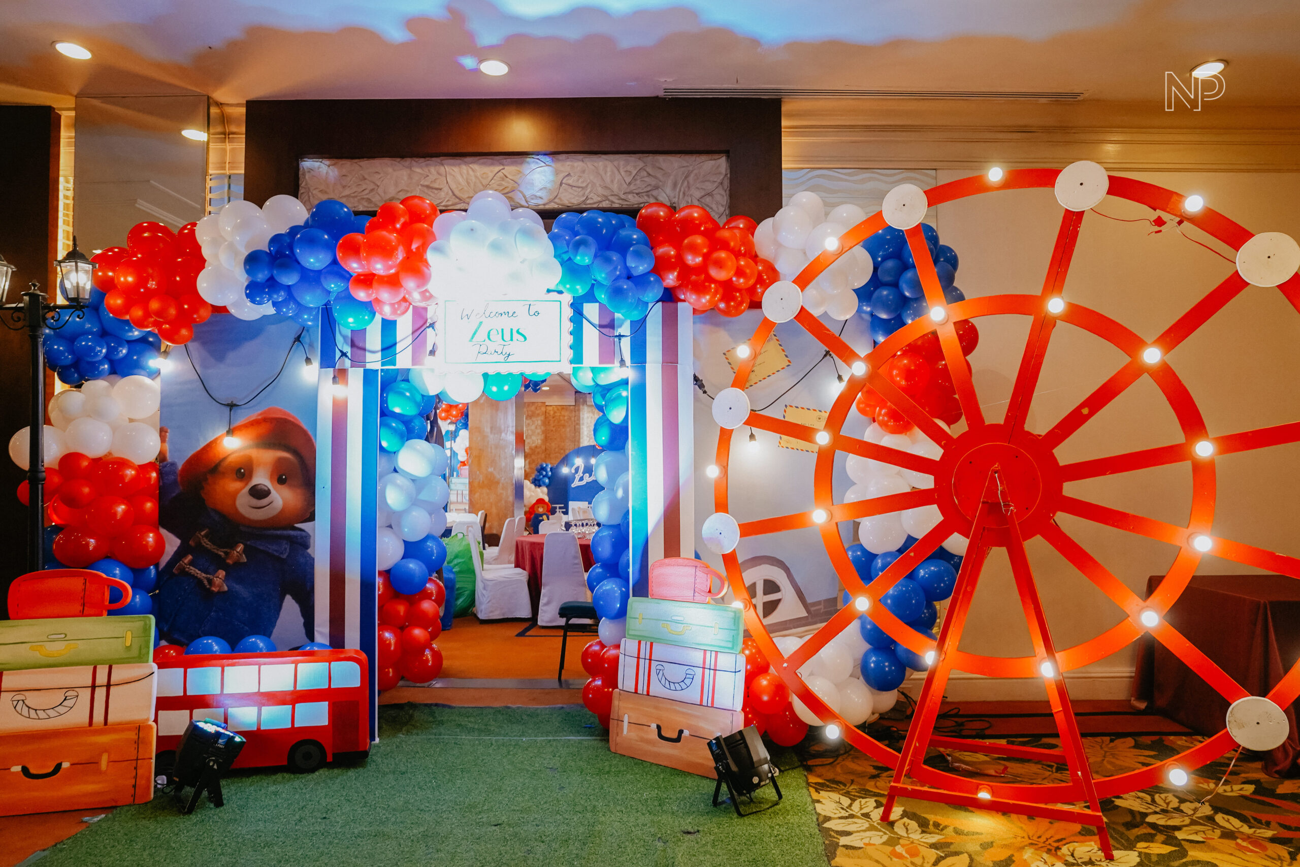 Paddington Bear party props with life-size Paddington figure, British-themed backdrops, and creative kiddie party ideas in the Philippines