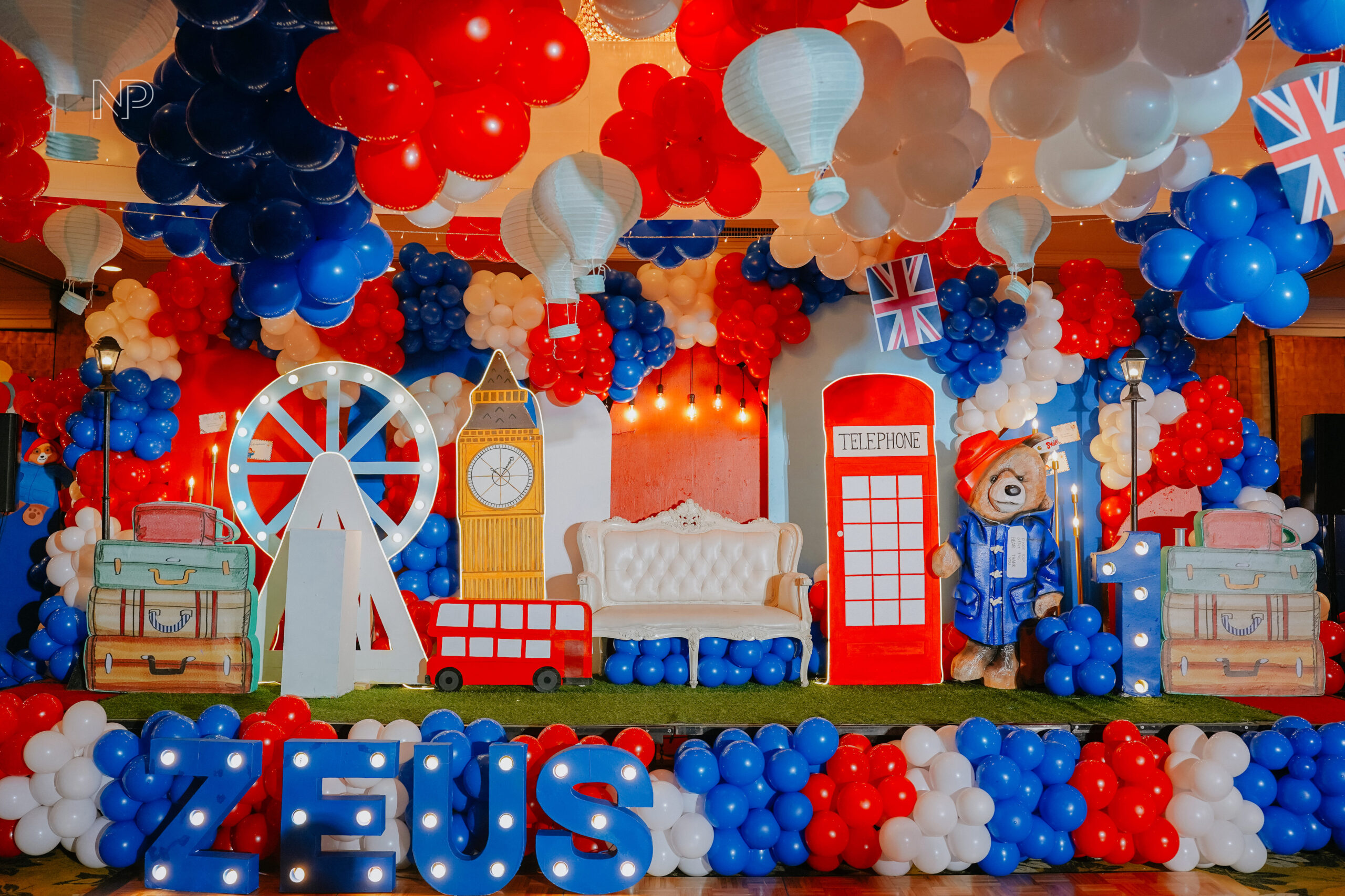 Paddington Bear party props with life-size Paddington figure, British-themed backdrops, and creative kiddie party ideas in the Philippines