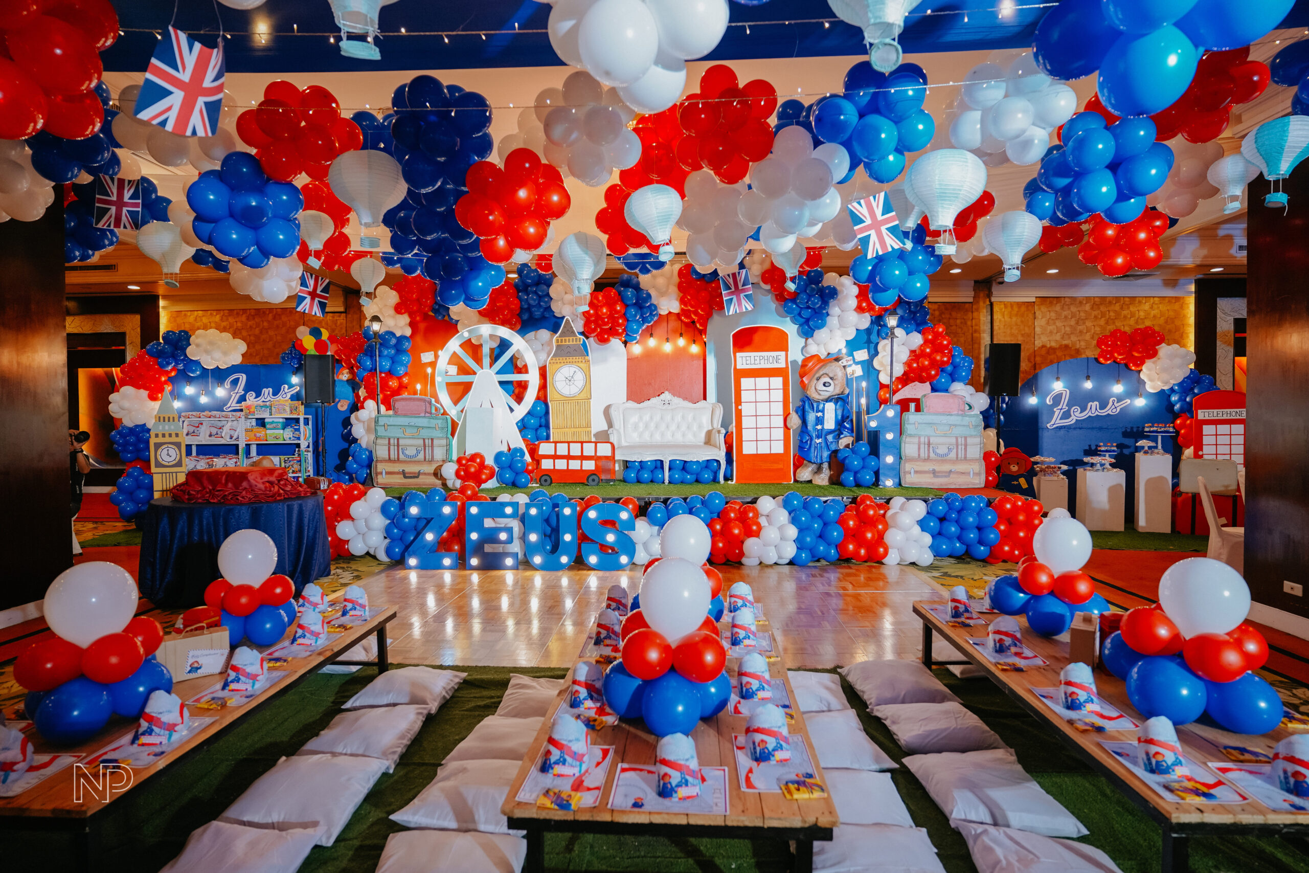 Paddington Bear party props with life-size Paddington figure, British-themed backdrops, and creative kiddie party ideas in the Philippines