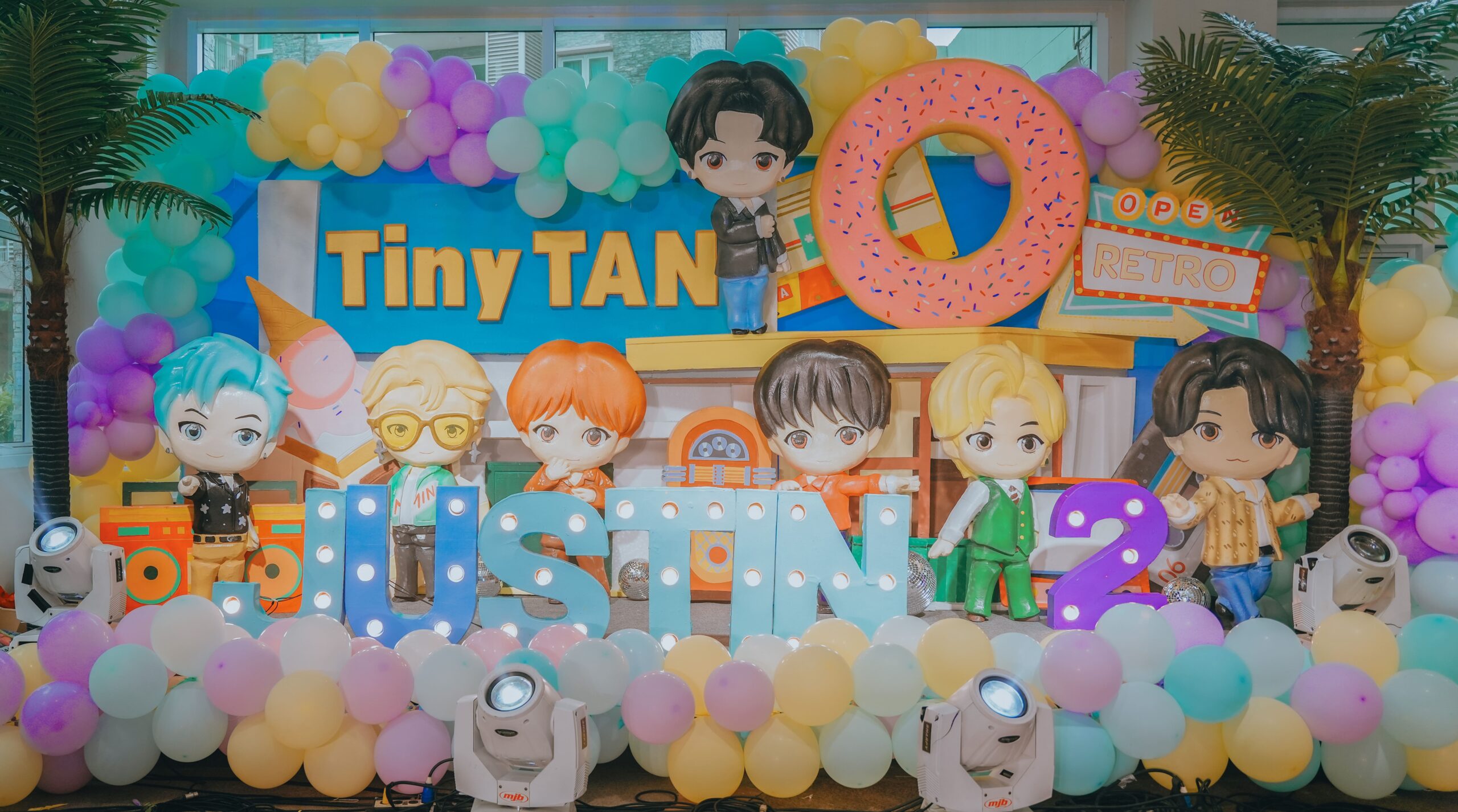 TinyTAN themed party decor featuring BTS-inspired elements, chibi character cutouts, and vibrant K-pop styling. Professional event stylist in Metro Manila, Philippines, specializing in K-pop birthday parties, themed celebrations, and creative party setups for BTS fans. Perfect for kids, teens, and K-pop-themed events.