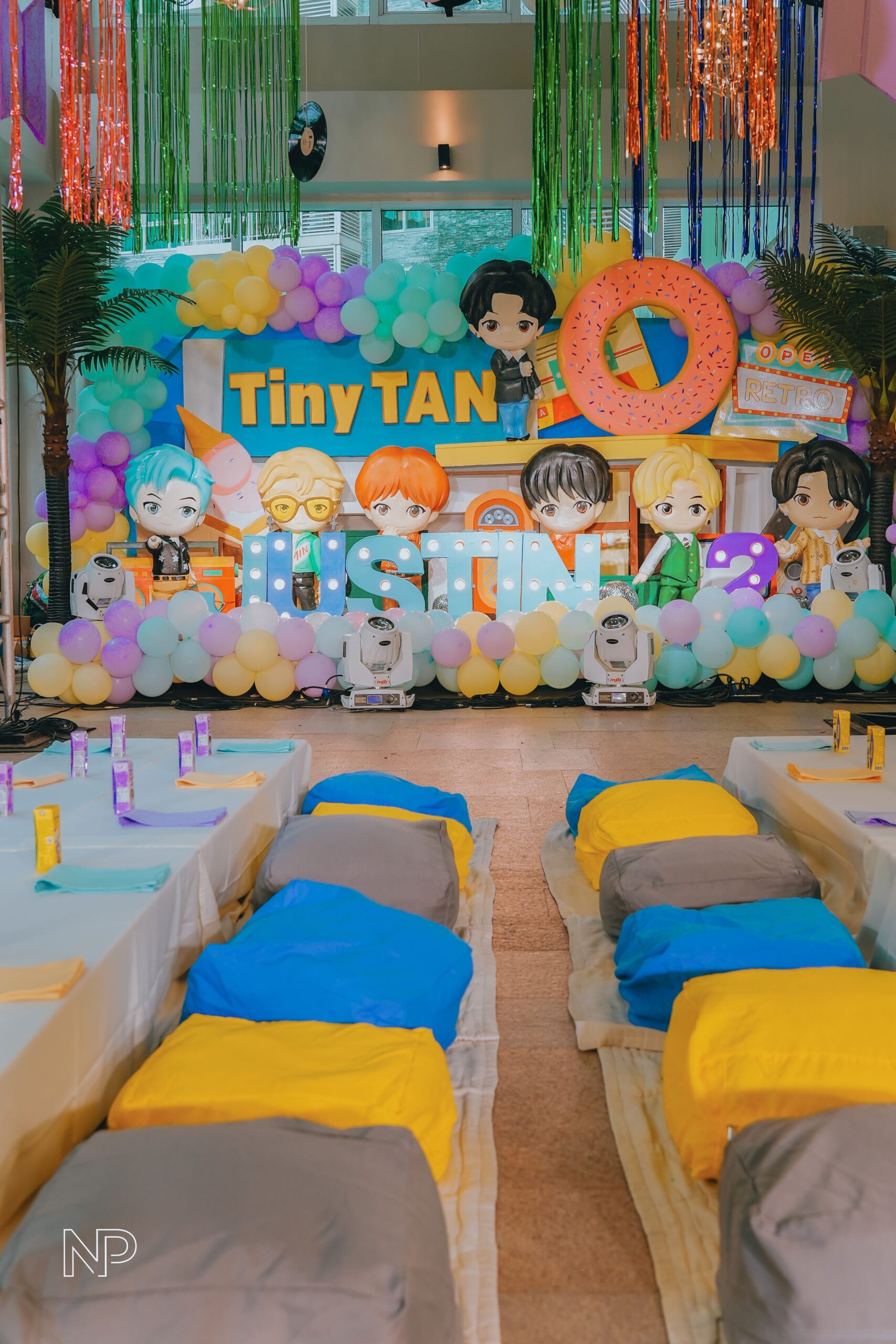TinyTAN themed party decor featuring BTS-inspired elements, chibi character cutouts, and vibrant K-pop styling. Professional event stylist in Metro Manila, Philippines, specializing in K-pop birthday parties, themed celebrations, and creative party setups for BTS fans. Perfect for kids, teens, and K-pop-themed events.