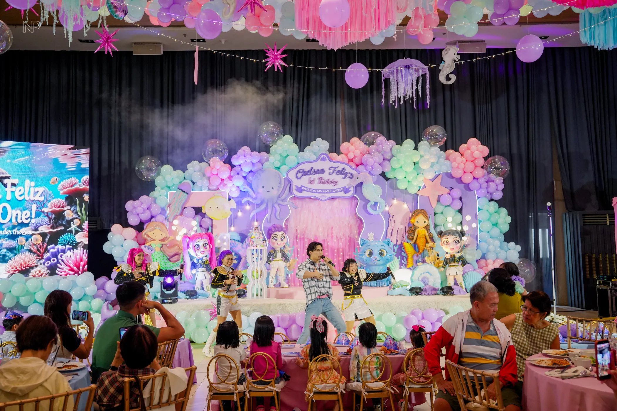 KPop Demon Hunters HUNTR/X under the sea birthday party setup