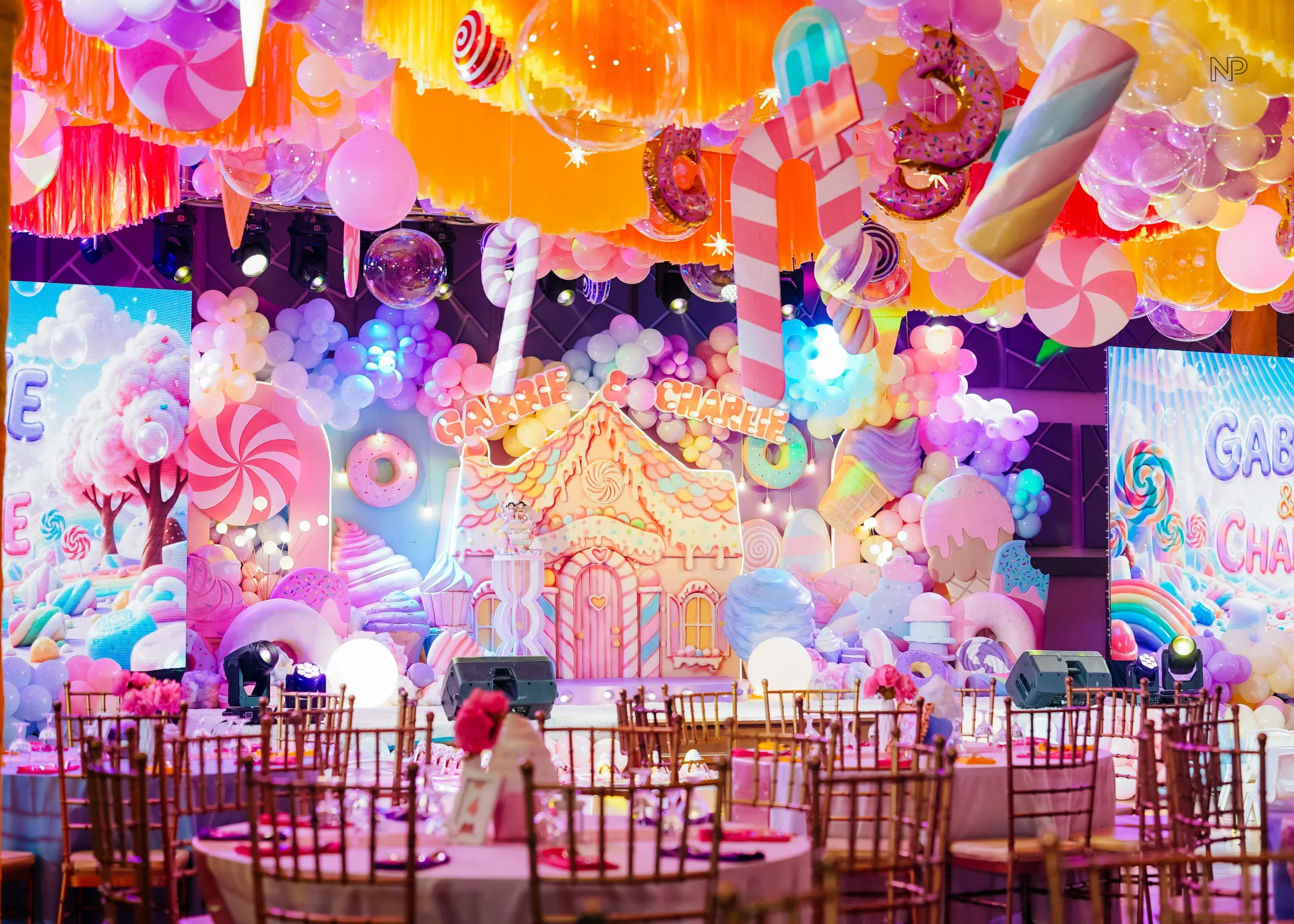 Kids Candyland birthday party with colorful balloons and sweet shoppe styling