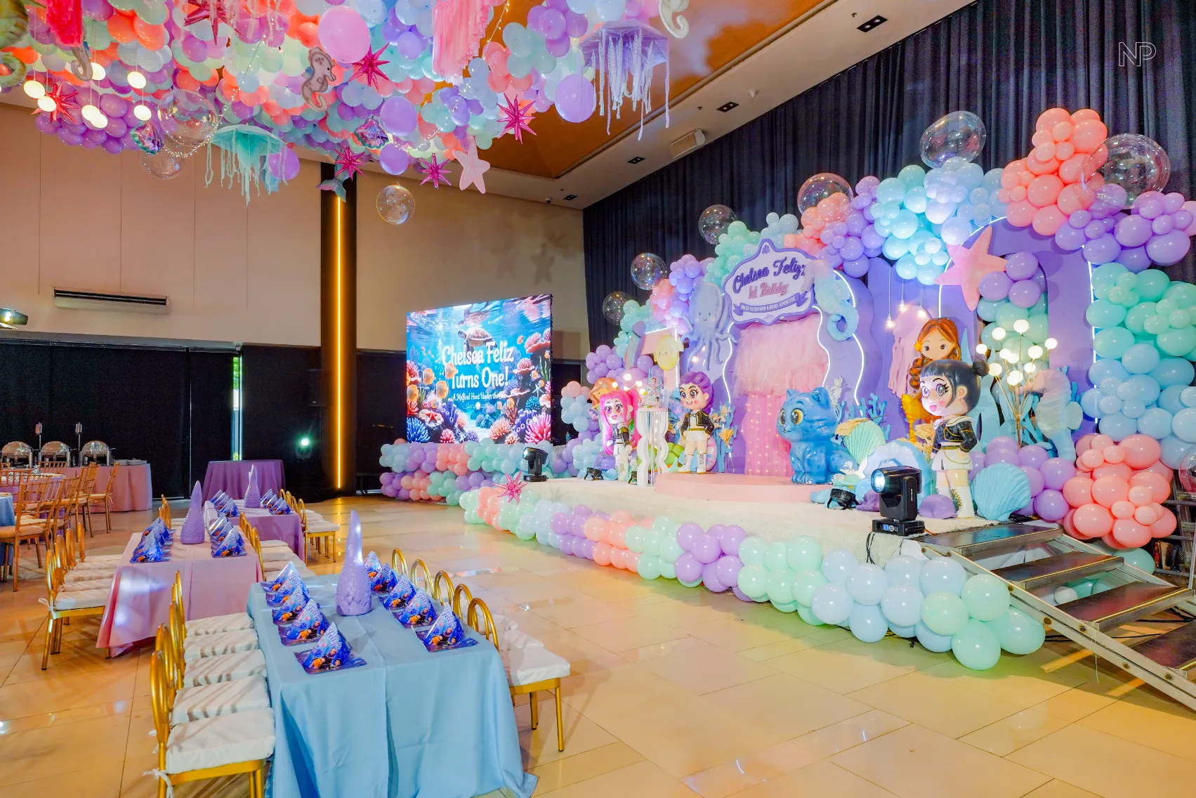 KPop Demon Hunters HUNTR/X under the sea birthday party setup